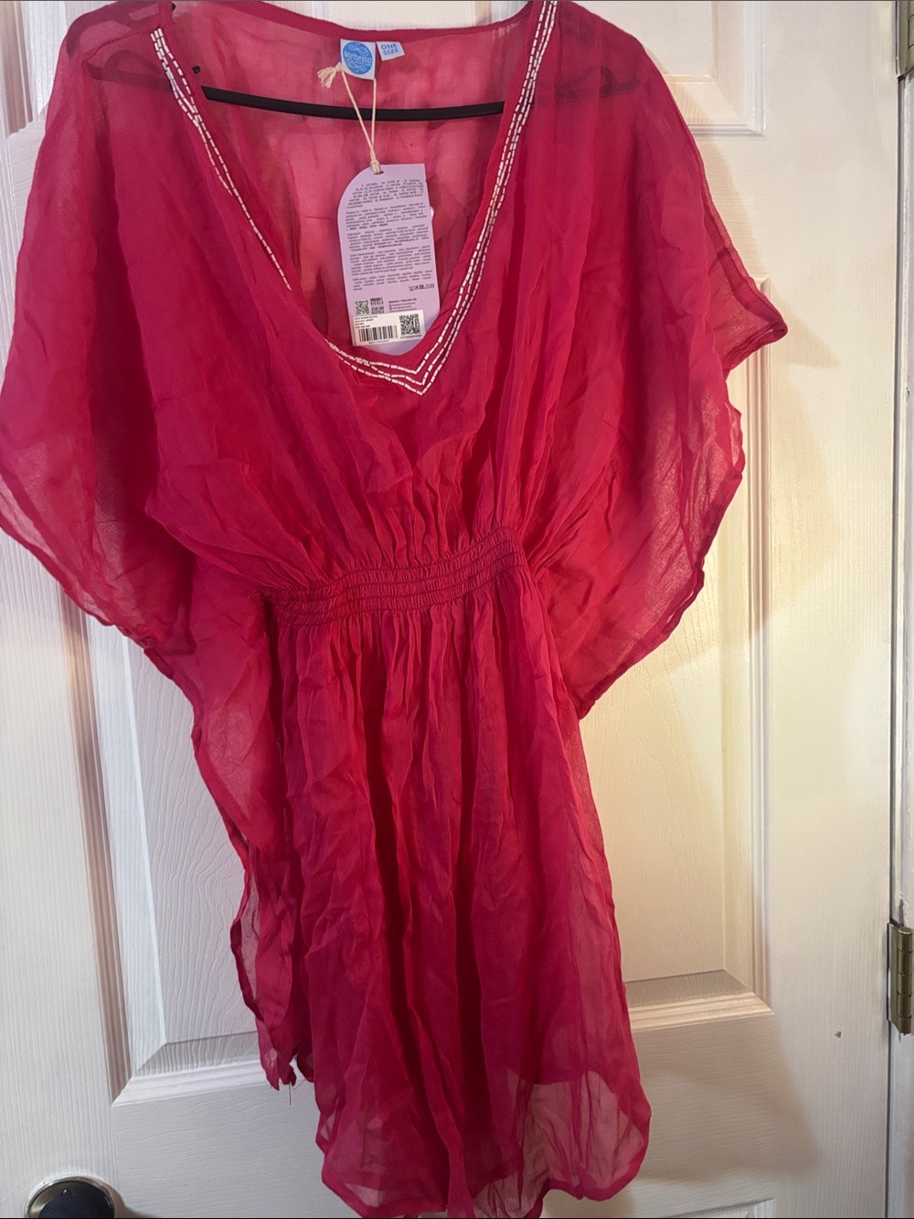 Women’s Pink swim coverup Dress with Beaded V-Neck